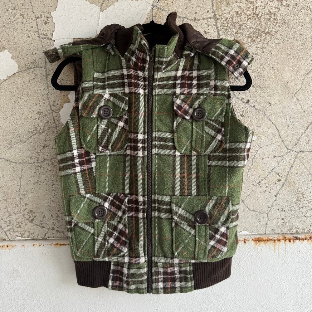 Y2K Puffer Vest Green Plaid Wool Blend Faux Fur Hood Quilted Lining Womens Prep